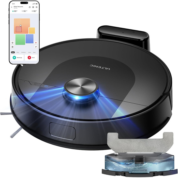 Робот-пилосос Ultenic T10 з функцією миття підлоги, 8000 Pa, станція самостійного очищення 3,5 л, для видалення шерсті тварин з килимових та твердих поверхонь, AI-лазерне уникнення перешкод, керування через додаток