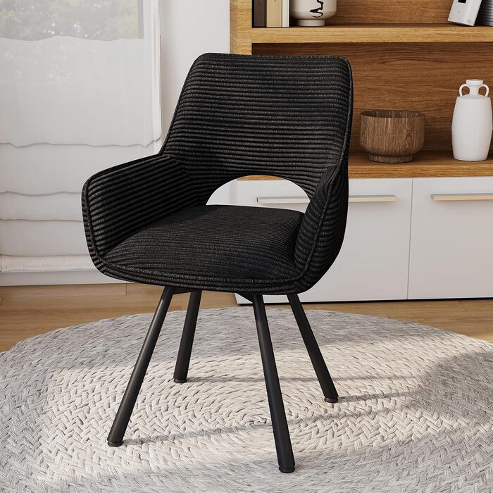 Ессі стільці 4 шт. поворотні 360°, з підлокітниками, металеві ніжки, для їдальні, вітальні, кухні, м'які, оксамитові, бежеві (1 поворотний, чорний)