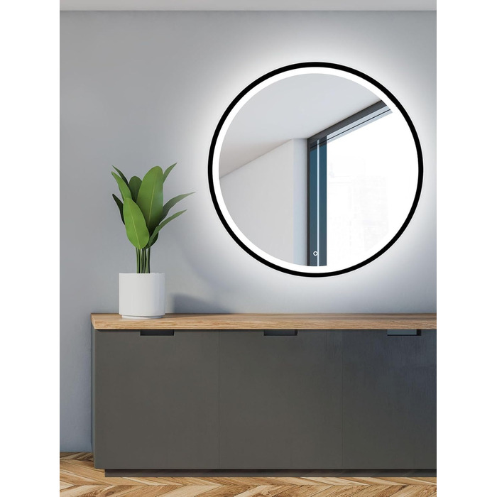 Дзеркало для ванної кімнати LED 60 см з чорною рамою, кругле, з підсвіткою (80x80 см)