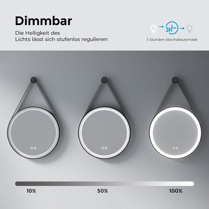 Дзеркало для ванної кімнати з підсвічуванням 60см, кругле LED дзеркало з LED-підсвічуванням, 3 кольори світла, регулювання яскравості, сенсорне управління, чорна рама, знімний монтаж 60x60 см