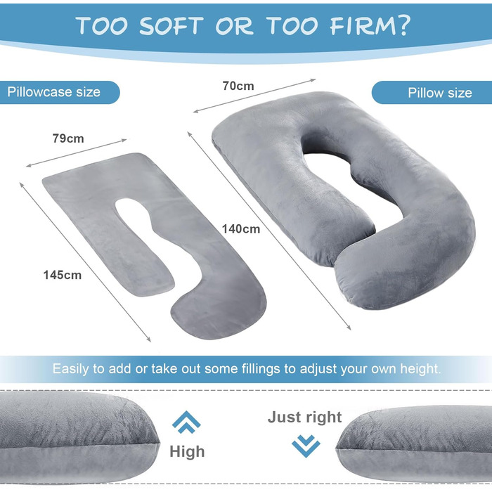 Подушка для вагітних Otauoaea J-подібної форми, подушка для годування XXL, подушка для сну на боці, 145x70 см (світло-сіра)