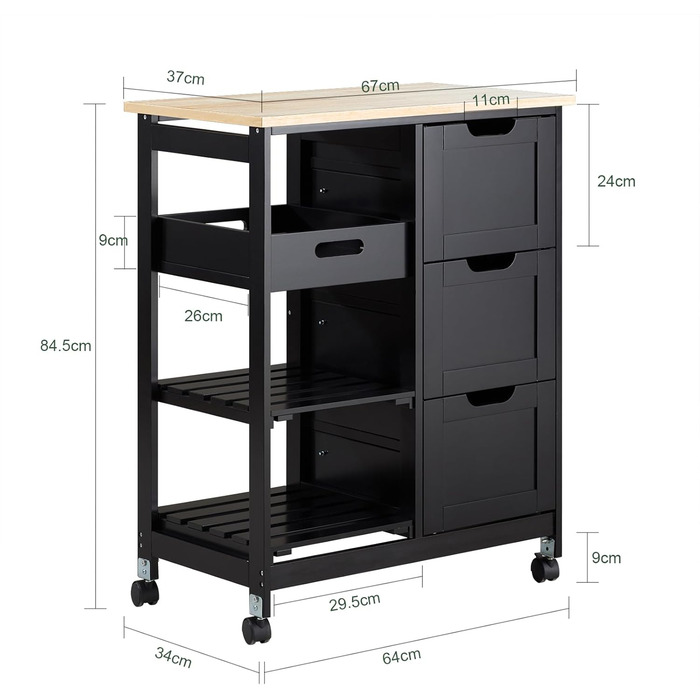 Сервізний візок SoBuy з колесами - кухонний візок з 2 знімними полицями та 1 підносом - додатковий візок на колесах для кухні, вітальні, їдальні - чорний, 68x85x38 см, до 50 кг, МДФ, FKW79-SCH