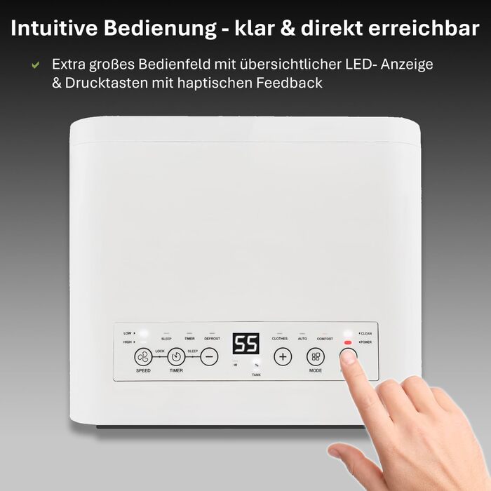 Електричний осушувач повітря AEF2000 - 20 л/день, до 30 м², тихий, з автовимкненням, гігростат, сенсорне дисплеї - для спальні та ванної кімнати