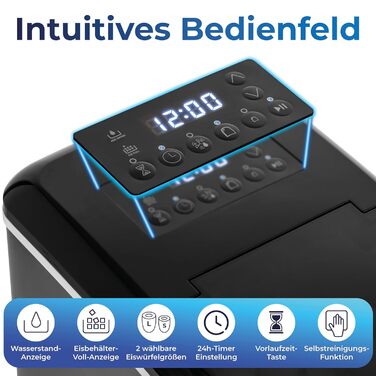 Льодогенератор KLAMER компактний з лопаткою, 2 розміри льоду, 10 кубиків за 7 хв, 15 кг/добу, тихий, з таймером, чорний 2.1л