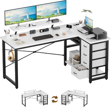 Кутовий стіл Devoko з 4 висувними ящиками з тканини, 2 розетками та 2 USB-портами, для дому та офісу, ігор, білий, 140x80 см