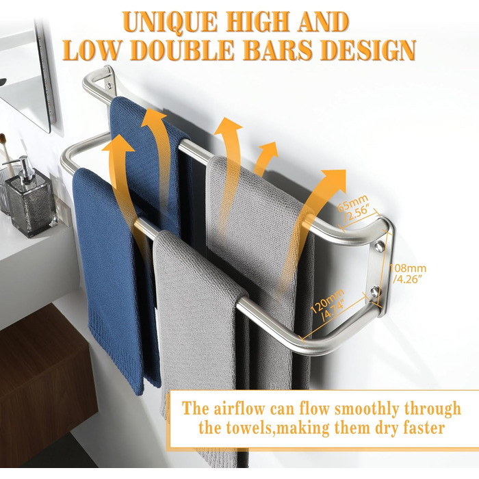 Тримач для рушників подвійний з нержавіючої сталі 304, 60 см, для ванної кімнати та кухні