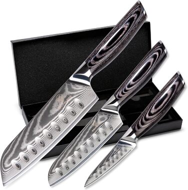 Набір кухонних ножів Wolfblood PRO 3 шт. Дамаск XL (31, 23, 19 см) з нержавіючої сталі 67 шарів, з дерев'яною ручкою, подарункова коробка та захист леза. Перевірено TÜV, твердість 62 HRC