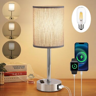 Світлодіодний приліжковий світильник Touch Dimmable, USB AC, льон, Метал, з лампочкою (сірий)