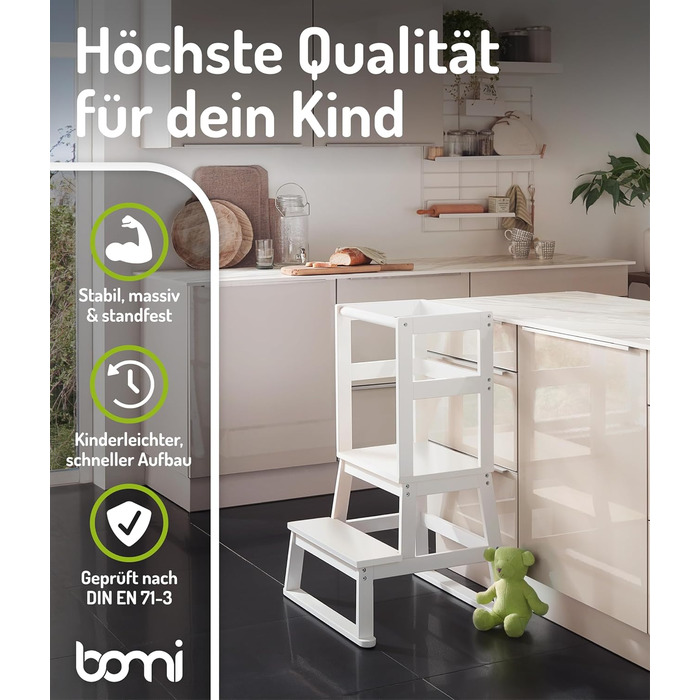 BOMI® Swubi Монтессорі навчальний столик-сходинка для дітей від 1 року | Дерев'яний триступеневий підсвічник | Навчальний столик для малюків та дітей | Сходинка, стільчик для навчання, підсвічник з дерева, дитячий стільчик, білий, натуральний колір