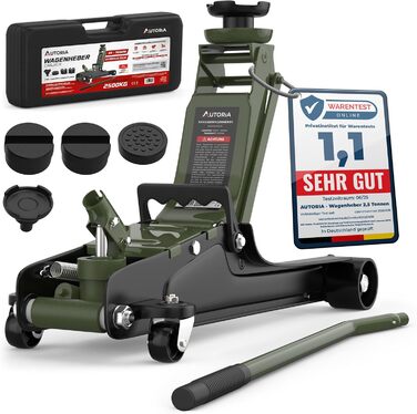 Гідравлічний домкрат Wagenheber 2.5T низькопрофільний для легкових авто та авто з низькою посадкою, зелений оливковий, до 2500 кг, з кейсом та 3 гумовими накладками