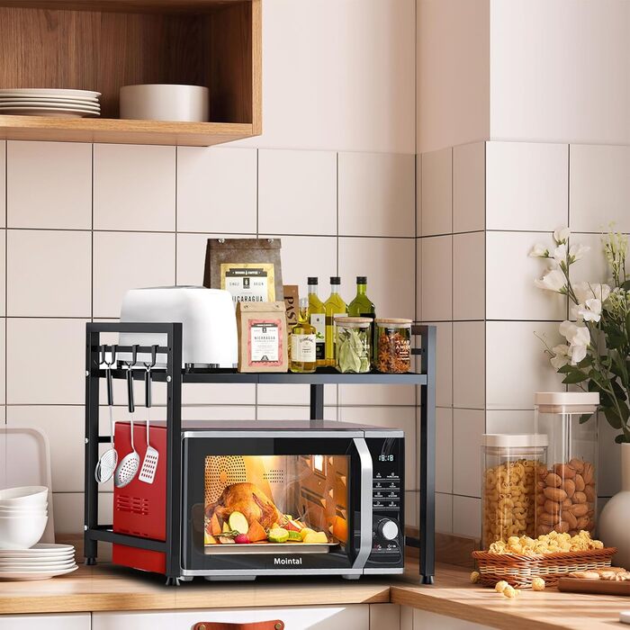 Регульована підставка для мікрохвильової печі, 2-рівнева розширювана, з вуглецевої сталі, з 8 гачками, чорна