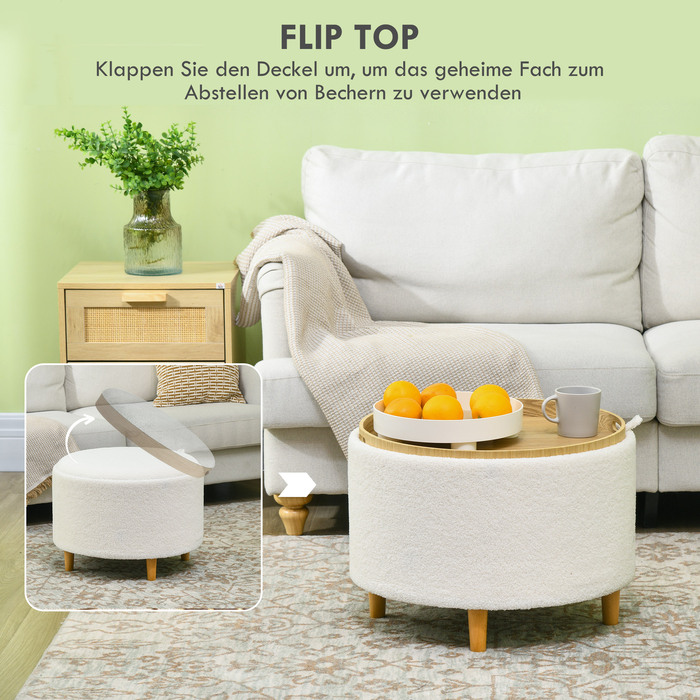 HOMCOM Ottoman Ø56 x 42 см, круглий пуф з місцем для зберігання та відкидною кришкою, дерев'яні ніжки, ідеально підходить для вітальні та спальні, білий