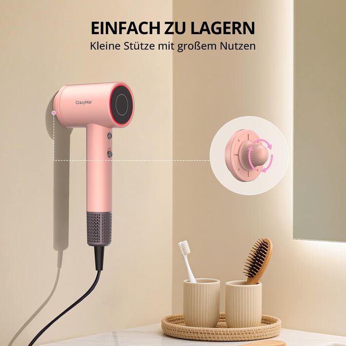 Іонний фен для волосся з безщітковим двигуном 180 000 об/хв, компактний дорожній фен з 4 режимами температури та захистом від перегріву, рожевий