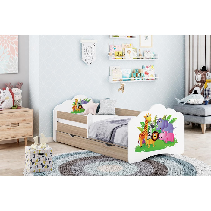 Дитяче ліжечко Happy Babies MOBI 160 x 80 Дитяче ліжко із захистом від падіння та ящиком для зберігання Молодіжне ліжко з кольоровою наклейкою Дитяче ліжечко з матрацом 80x160 Дитяче ліжко для дівчинки Дуб Сонома (М18)