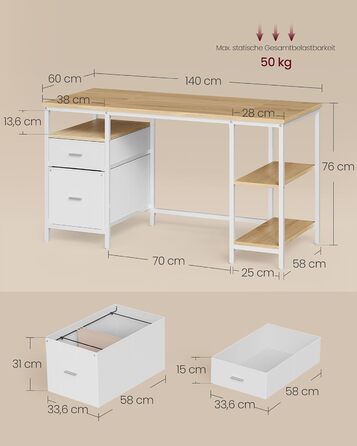 Комп'ютерний стіл VASAGLE з 3 полицями та 2 ящиками, 140 x 60 x 76 см, для офісу та вітальні, сучасний стиль, колір: natureichenfarben + perlweiß