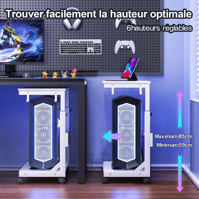 Регульована підставка для комп'ютерного блоку з 2 полицями та місцем для зберігання - для корпусів ATX, принтерів, з фіксуючими колесами (білий, 64 x 64 x 59-84,5 см)