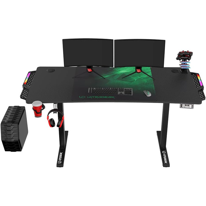 ULTRADESK Стол для роботи та ігор, регульована висота, електричний, 140x68 см, з XL-кілимком для миші (зелений)
