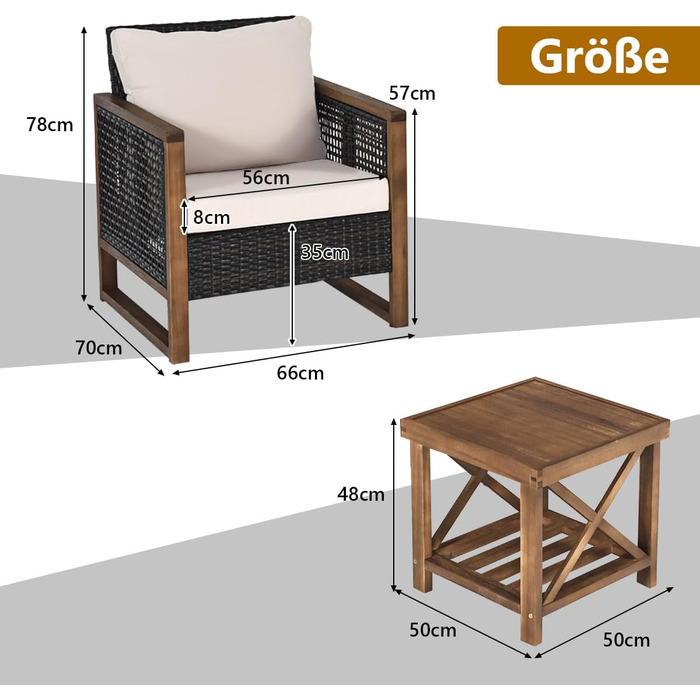 Набір садово-розкладних меблів GIANTEX з ротангу (3 шт.), садова група для балкону на 2 особи, Lounge Set з 2 кріслами та дерев'яним столом, коричневий, з подушками