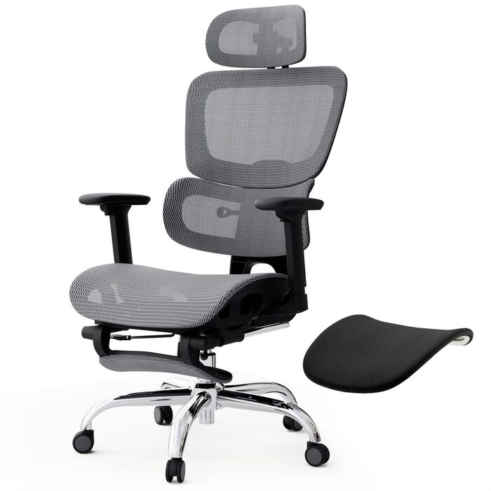Ергономічне крісло для офісу Voll-Mesh з підголівником, підставкою для ніг, регульованою спинкою, підлокітниками, саморегульованою поперековою підтримкою, PU-колесами, поворот на 360°, 150 кг, темно-сірий