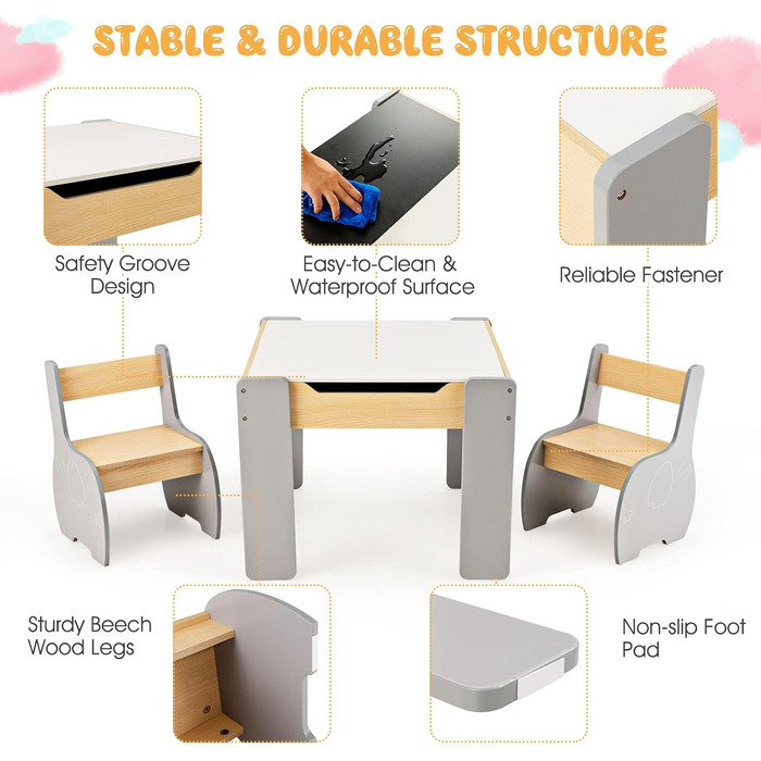 Дитячий стіл і стільці LIFEZEAL: комплект з місцем для зберігання, сірий