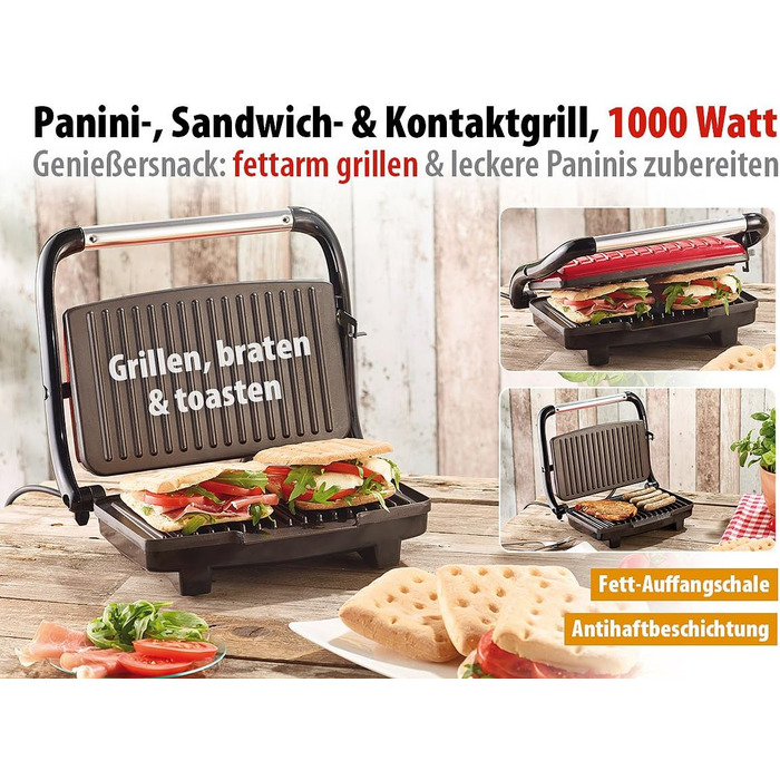 Тостер Rosenstein & Shne Panini паніні, сендвіч і контактний гриль CG-2510, 1,000 Вт (бутербродниця Panini, тостер з контактним грилем, шампури для гриля)