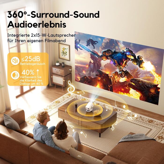 Smart проєктор AKIYO O4 з WiFi 6, Bluetooth 5.4, 4K, HDMI, USB, підтримкою PS5, автофокусом та автотрапецеїдною корекцією