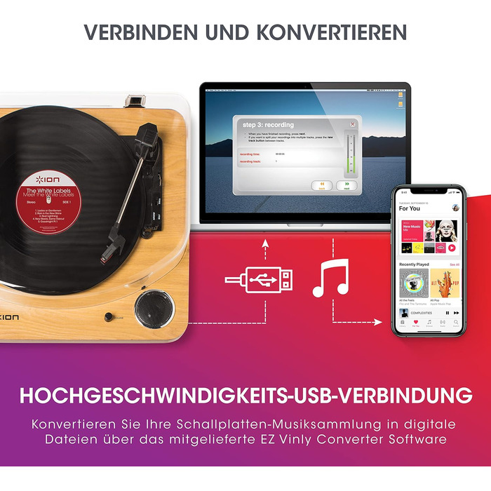 Програвач вінілових платівок ION Audio Max LP з Bluetooth, вбудованими динаміками та USB, дерев'яний корпус