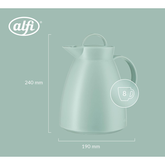 Термос Alfi DAN 1.0 л, пудрово-рожевий, з термоізоляційним корпусом з пластику та скляною вставкою, з кришкою-поворотом, дизайнерська модель, ідеальний для кави та чаю, BPA-free (без фільтра для чаю), колір Silt Green