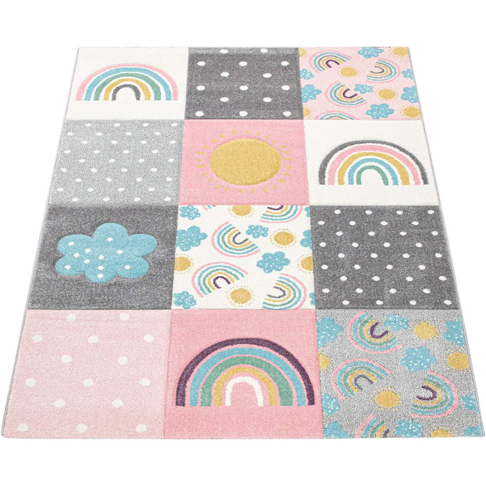 Домашній дитячий килим Paco, килимок для дитячої кімнати, килимок для ігор з райдужними хмарами, рожевий, сірий, білий, Розмір (133 см в квадраті)