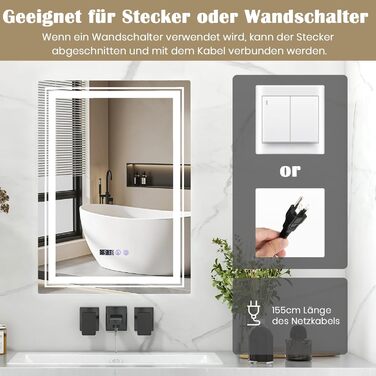 Дзеркало GOPLUS з підсвічуванням для ванної кімнати та вітальні з 3 кольорами світла, антизапарююче покриття, годинник, температура та функція пам'яті, модель 1