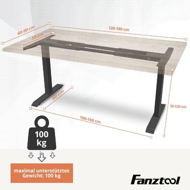 Електричний столовий стіл FANZWORK з 2 Bosch-двигунами, вантажопідйомність 100 кг, регулювання висоти, пам'ять, USB-C, кабель-менеджмент, чорний