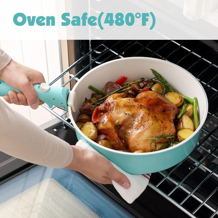 Набір каструль SENSARTE з керамічним покриттям (17 предметів) – антипригарне посуд з знімними ручками, для всіх плит, безпечне, миється в посудомийній машині, сумісне з духовкою (Турквіс)