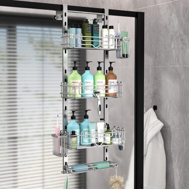 Настінна поличка для душу HapiRm з 4 ярусами, 22 гачками та 2 тримачами для зубних щіток (срібна)