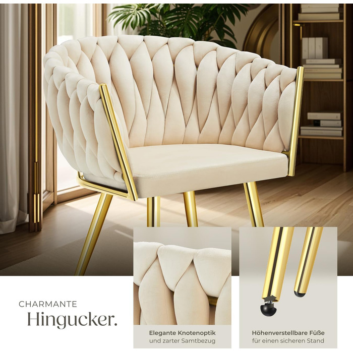 Тектейк® Оксамитовий стілець-чаша з підлокітниками, сучасний крісло для вітальні, їдальні, як кухонні стільці, для туалетного столика, комплект (2 шт), пісок/золото