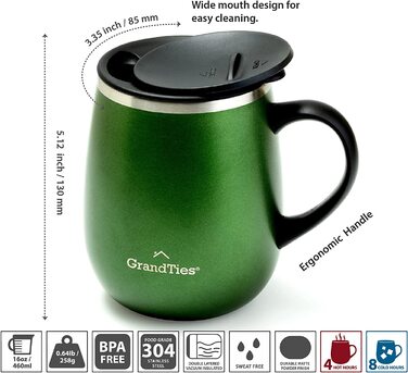 Термокружка Grandties з ручкою та кришкою-ковзавкою - 480 мл, подвійні стінки з нержавіючої сталі, для гарячих та холодних напоїв (Смарагдово-зелений металік)