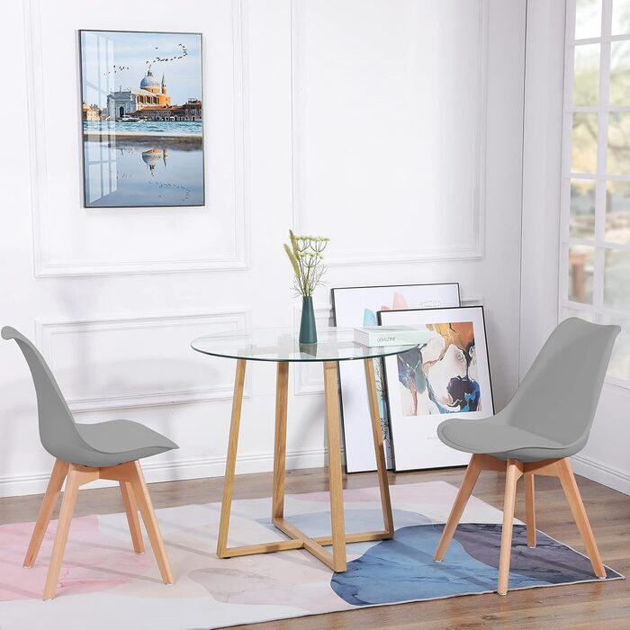 Елегантний обідній стіл H.J WeDoo з 2 стільцями: скляний круглий стіл у скандинавському стилі для балкона, вітальні та їдальні, білий колір, 2 стільці з бука (білий)