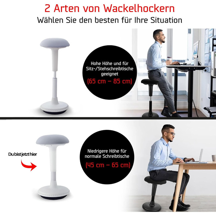 Ергономічний стілець Dynaseat з регулюванням висоти (45-65 см) - для сидіння та стояння, офісний, з ефектом гойдання, допомога при роботі стоячи, білий