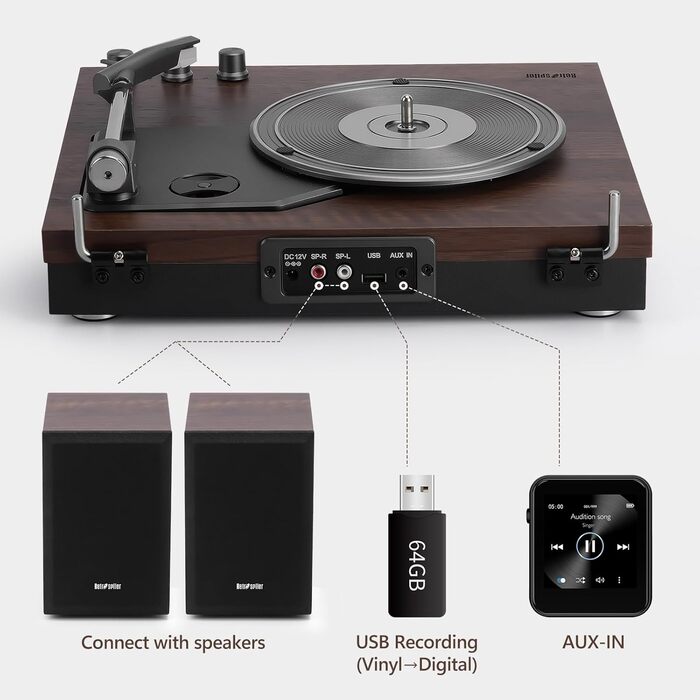 Вініловий програвач з зовнішніми стерео динаміками, Bluetooth Hi-Fi, вінтажний дизайн