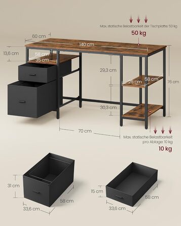 Комп'ютерний стіл VASAGLE з 3 полицями та 2 шухлядами, 140 x 60 x 76 см, для офісу/вітальні, індустріальний стиль, вінтажний коричневий + чорний