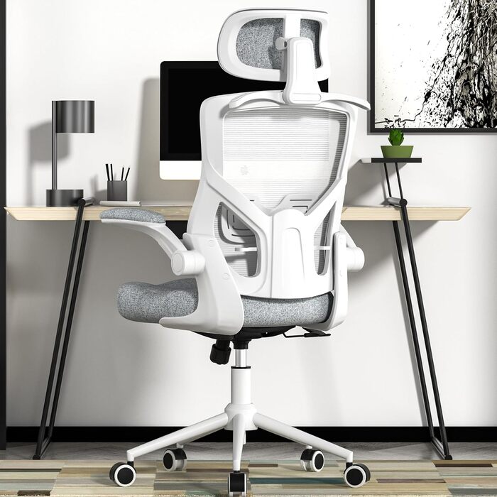 Ергономічне крісло для офісу з регульованою підголівником та поперековою підтримкою – високе офісне крісло з сітчастою спинкою та м'яким сидінням, вішалка для одягу та функцією блокування (білий та сірий)