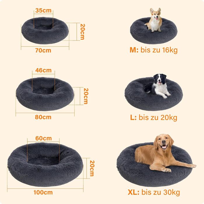 Ліжко для собак кругла подушка для собак собачий диван котяче ліжко пончик, 70 см Ø, L (80 x 80 x 20 см), темно-сірий