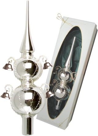 Ялинкова іграшка блискуча срібляста з прикрасами та дзвіночками, 29 см у високоякісній подарунковій коробці Подвійна ялинкова іграшка з дзвіночками срібляста