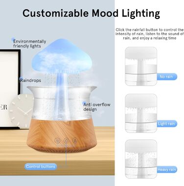 Зволожувач дощової хмари, зволожувач 3 в 1 Rain Cloud/Аромадифузор/7 кольорів Світлодіодний нічник, розсіювач звуку краплі води Дифузор для спальні Ефірні олії (дерево)