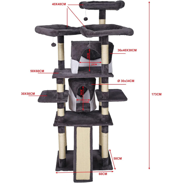 Кігтеточка Wiltec сіра/біла 173 см, сизаль, кігтеточка, будиночки для кішок, лазіння по дереву, ігрові м'ячі