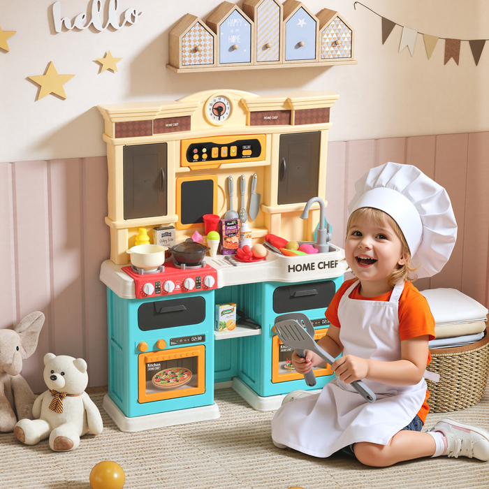 Дитяча кухня з проточною водою, 85 предметів аксесуарів, електричний кран, світлові та звукові ефекти, для дітей віком 3-6 років, пластик, зелений