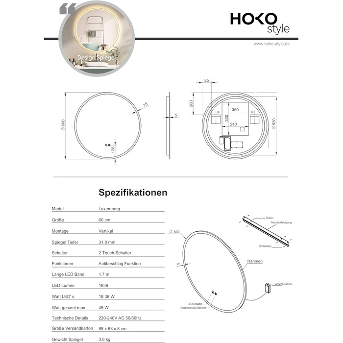 Дзеркало для ванної кімнати HOKO Design Riga, діаметр 60 см, кругле, з металевим каркасом, LED-підсвічування, сенсорне управління, регулювання кольору світла (тепле/холодне/нейтральне), антизапарник, золото