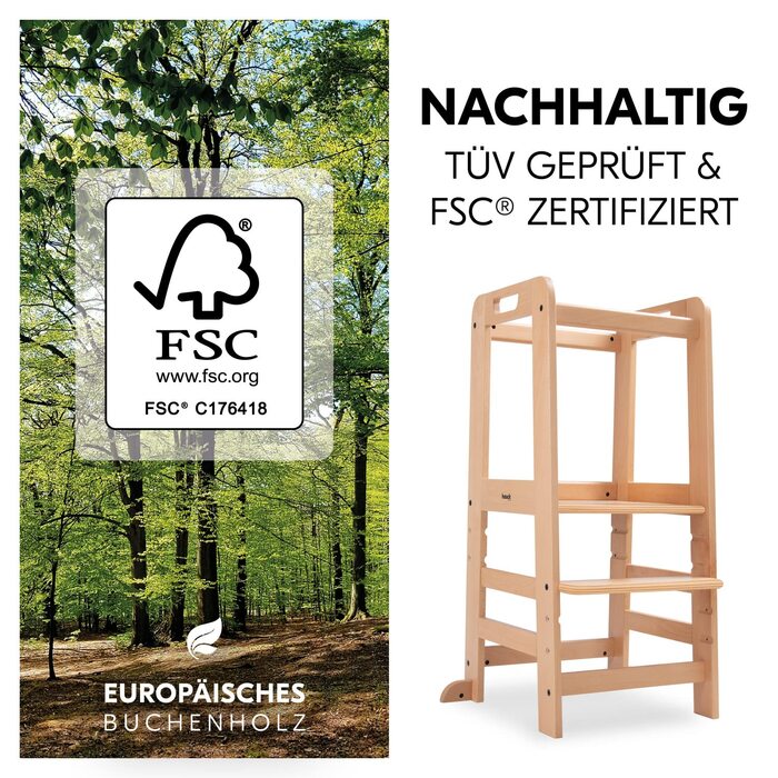 Hauck Learn N Explore: Дитячий навчальний стілець-лесенка з бука (FSC®), регульована висота, стабільний, Montessori, від 1 року, для кухні, столу, ванної кімнати
