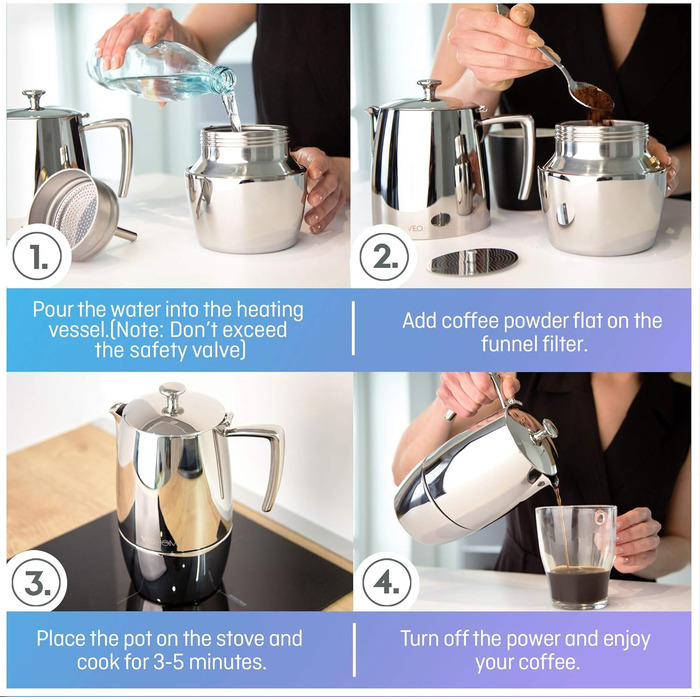 Mokka Pot VeoHome: Кавоварка гейзерна на 10 чашок, 500 мл, нержавіюча сталь, італійська, для Induktion, Gas, Keramik, Elektrik, без алюмінію, з подвійним фільтром