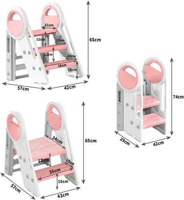 Дитячий табурет-сходилка 2-3 сходинки, регульована висота, складана, для ванної, дитячої кімнати, кухні (рожевий + білий)