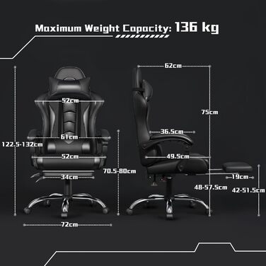 Ігровий крісло Yaheetech з масажем, регульована спинка 90-135°, комп'ютерне крісло з підніжкою, білий (чорний)